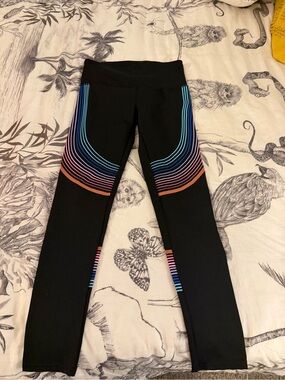Womens Black Active Leggings with Rainbow Stripe Detail